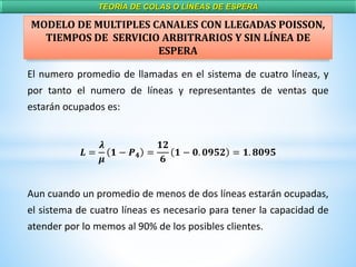 TEORÍA DE COLAS O LÍNEAS DE ESPERA
El numero promedio de llamadas en el sistema de cuatro líneas, y
por tanto el numero de líneas y representantes de ventas que
estarán ocupados es:
𝑳 =
𝝀
𝝁
𝟏 − 𝑷 𝟒 =
𝟏𝟐
𝟔
𝟏 − 𝟎. 𝟎𝟗𝟓𝟐 = 𝟏. 𝟖𝟎𝟗𝟓
Aun cuando un promedio de menos de dos líneas estarán ocupadas,
el sistema de cuatro líneas es necesario para tener la capacidad de
atender por lo memos al 90% de los posibles clientes.
MODELO DE MULTIPLES CANALES CON LLEGADAS POISSON,
TIEMPOS DE SERVICIO ARBITRARIOS Y SIN LÍNEA DE
ESPERA
 
