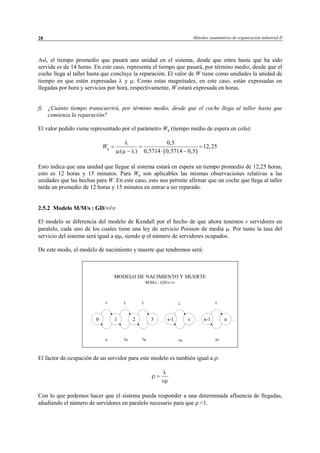 Métodos cuantitativos de organización industrial II28
Así, el tiempo promedio que pasará una unidad en el sistema, desde que entra hasta que ha sido
servida es de 14 horas. En este caso, representa el tiempo que pasará, por término medio, desde que el
coche llega al taller hasta que concluye la reparación. El valor de W tiene como unidades la unidad de
tiempo en que estén expresadas λ y µ. Como estas magnitudes, en este caso, están expresadas en
llegadas por hora y servicios por hora, respectivamente, W estará expresada en horas.
f) ¿Cuánto tiempo transcurrirá, por término medio, desde que el coche llega al taller hasta que
comienza la reparación?
El valor pedido viene representado por el parámetro Wq (tiempo medio de espera en cola):
( )
0,5
12,25
( ) 0,5714 0,5714 0,5
qW
λ
µ µ λ
= = =
− ⋅ −
Esto indica que una unidad que llegue al sistema estará en espera un tiempo promedio de 12,25 horas,
esto es 12 horas y 15 minutos. Para Wq son aplicables las mismas observaciones relativas a las
unidades que las hechas para W. En este caso, esto nos permite afirmar que un coche que llega al taller
tarda un promedio de 12 horas y 15 minutos en entrar a ser reparado.
2.5.2 Modelo M/M/s : GD/∞/∞
El modelo se diferencia del modelo de Kendall por el hecho de que ahora tenemos s servidores en
paralelo, cada uno de los cuales tiene una ley de servicio Poisson de media µ. Por tanto la tasa del
servicio del sistema será igual a ϕµ, siendo ϕ el número de servidores ocupados.
De este modo, el modelo de nacimiento y muerte que tendremos será:
El factor de ocupación de un servidor para este modelo es también igual a ρ:
s
λ
ρ
µ
=
Con lo que podemos hacer que el sistema pueda responder a una determinada afluencia de llegadas,
añadiendo el número de servidores en paralelo necesario para que ρ <1.
MODELO DE NACIMIENTO Y MUERTE
M/M/s : GD/∞/∞
0 nn-11 32
λ λ λ λ
µ 2µ 3µ sµ
s-1 s
sµ
λ
... ... ...
© Los autores, 2002; © Edicions UPC, 2002
 