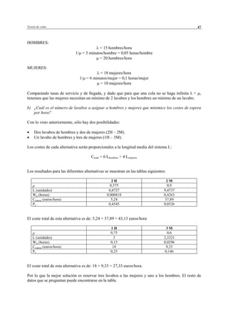 Teoría de colas 47
HOMBRES:
λ = 15 hombres/hora
1/µ = 3 minutos/hombre = 0,05 horas/hombre
µ = 20 hombres/hora
MUJERES:
λ = 18 mujeres/hora
1/µ = 6 minutos/mujer = 0,1 horas/mujer
µ = 10 mujeres/hora
Comparando tasas de servicio y de llegada, y dado que para que una cola no se haga infinita λ < µ,
tenemos que las mujeres necesitan un mínimo de 2 lavabos y los hombres un mínimo de un lavabo.
b) ¿Cuál es el número de lavabos a asignar a hombres y mujeres que minimice los costes de espera
por hora?
Con lo visto anteriormente, sólo hay dos posibilidades:
• Dos lavabos de hombres y dos de mujeres (2H – 2M).
• Un lavabo de hombres y tres de mujeres (1H – 3M).
Los costes de cada alternativa serán proporcionales a la longitud media del sistema L:
Ctotal = 6·Lhombres + 4·Lmujeres
Los resultados para las diferentes alternativas se muestran en las tablas siguientes:
2 H 2 M
ρ 0,375 0,9
L (unidades) 0,8727 9,4737
Wq (horas) 0,000818 0,4263
Cespera (euros/hora) 5,24 37,89
Po 0,4545 0,0526
El coste total de esta alternativa es de: 5,24 + 37,89 = 43,13 euros/hora
1 H 3 M
ρ 0,75 0,6
L (unidades) 3 2,3321
Wq (horas) 0,15 0,0296
Cespera (euros/hora) 18 9,33
Po 0,25 0,146
El coste total de esta alternativa es de: 18 + 9,33 = 27,33 euros/hora.
Por lo que la mejor solución es reservar tres lavabos a las mujeres y uno a los hombres. El resto de
datos que se preguntan puede encontrarse en la tabla.
© Los autores, 2002; © Edicions UPC, 2002
 