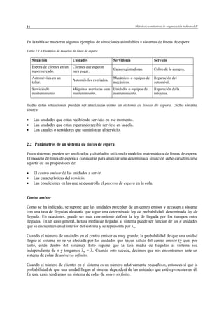 Métodos cuantitativos de organización industrial II16
En la tabla se muestran algunos ejemplos de situaciones asimilables a sistemas de líneas de espera:
Tabla 2.1.a Ejemplos de modelos de línea de espera
Situación Unidades Servidores Servicio
Espera de clientes en un
supermercado.
Clientes que esperan
para pagar.
Cajas registradoras. Cobro de la compra.
Automóviles en un
taller.
Automóviles averiados.
Mecánicos o equipos de
mecánicos.
Reparación del
automóvil.
Servicio de
mantenimiento.
Máquinas averiadas o en
mantenimiento.
Unidades o equipos de
mantenimiento.
Reparación de la
máquina.
Todas estas situaciones pueden ser analizadas como un sistema de líneas de espera. Dicho sistema
abarca:
• Las unidades que están recibiendo servicio en ese momento.
• Las unidades que están esperando recibir servicio en la cola.
• Los canales o servidores que suministran el servicio.
2.2 Parámetros de un sistema de líneas de espera
Estos sistemas pueden ser analizados y diseñados utilizando modelos matemáticos de líneas de espera.
El modelo de línea de espera a considerar para analizar una determinada situación debe caracterizarse
a partir de las propiedades de:
• El centro emisor de las unidades a servir.
• Las características del servicio.
• Las condiciones en las que se desarrolla el proceso de espera en la cola.
Centro emisor
Como se ha indicado, se supone que las unidades proceden de un centro emisor y acceden a sistema
con una tasa de llegadas aleatoria que sigue una determinada ley de probabilidad, denominada ley de
llegada. En ocasiones, puede ser más conveniente definir la ley de llegada por los tiempos entre
llegadas. En un caso general, la tasa media de llegadas al sistema puede ser función de los n unidades
que se encuentren en el interior del sistema y se representa por λn.
Cuando el número de unidades en el centro emisor es muy grande, la probabilidad de que una unidad
llegue al sistema no se ve afectada por las unidades que hayan salido del centro emisor (y que, por
tanto, estén dentro del sistema). Esto supone que la tasa media de llegadas al sistema sea
independiente de n y tengamos λn = λ. Cuando esto sucede, decimos que nos encontramos ante un
sistema de colas de universo infinito.
Cuando el número de clientes en el sistema es un número relativamente pequeño m, entonces sí que la
probabilidad de que una unidad llegue al sistema dependerá de las unidades que estén presentes en él.
En este caso, tendremos un sistema de colas de universo finito.
© Los autores, 2002; © Edicions UPC, 2002
 