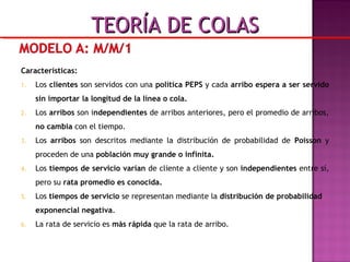 Características:
1. Los clientes son servidos con una política PEPS y cada arribo espera a ser servido
sin importar la longitud de la línea o cola.
2. Los arribos son independientes de arribos anteriores, pero el promedio de arribos,
no cambia con el tiempo.
3. Los arribos son descritos mediante la distribución de probabilidad de Poisson y
proceden de una población muy grande o infinita.
4. Los tiempos de servicio varían de cliente a cliente y son independientes entre sí,
pero su rata promedio es conocida.
5. Los tiempos de servicio se representan mediante la distribución de probabilidad
exponencial negativa.
6. La rata de servicio es más rápida que la rata de arribo.
TEORÍA DE COLASTEORÍA DE COLAS
 