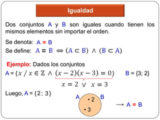 Igualdad

Dos conjuntos A y B son iguales cuando tienen los
mismos elementos sin importar el orden.
Se denota: A = B
Se define:

Ejemplo: Dados los conjuntos
A={                                     }   B = {3; 2}


Luego, A = { 2 ; 3 }
                         A     •2   B
                                            A=B
                             •3
 