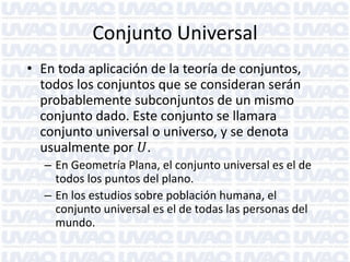 Conjunto Universal
• En toda aplicación de la teoría de conjuntos,
todos los conjuntos que se consideran serán
probablemente subconjuntos de un mismo
conjunto dado. Este conjunto se llamara
conjunto universal o universo, y se denota
usualmente por 𝑈.
– En Geometría Plana, el conjunto universal es el de
todos los puntos del plano.
– En los estudios sobre población humana, el
conjunto universal es el de todas las personas del
mundo.

 