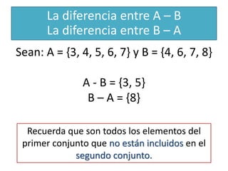 Sean: A = {3, 4, 5, 6, 7} y B = {4, 6, 7, 8} A - B = {3, 5} B – A = {8} 
La diferencia entre A – B La diferencia entre B – A 
Recuerda que son todos los elementos del primer conjunto que no están incluidos en el segundo conjunto.  