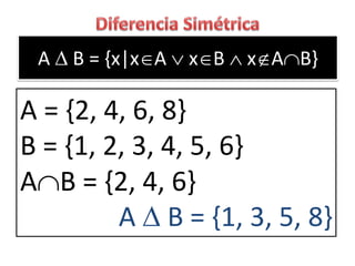 A  B = {x|xA  xB  xAB} 
A = {2, 4, 6, 8} 
B = {1, 2, 3, 4, 5, 6} 
AB = {2, 4, 6} 
A  B = {1, 3, 5, 8}  