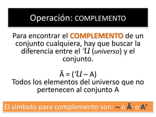 Operación: COMPLEMENTO 
Para encontrar el COMPLEMENTO de un conjunto cualquiera, hay que buscar la diferencia entre el U (universo) y el conjunto. 
Ā = (U – A) 
Todos los elementos del universo que no pertenecen al conjunto A 
El símbolo para complemento son:  ó Ā ó A'  