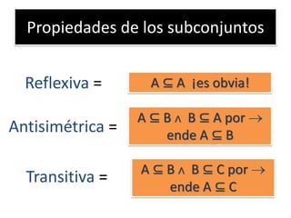Propiedades de los subconjuntos 
Reflexiva = 
A ⊆ A ¡es obvia! 
Antisimétrica = 
A ⊆ B ∧ B ⊆ A por  ende A ⊆ B 
Transitiva = 
A ⊆ B ∧ B ⊆ C por  ende A ⊆ C  