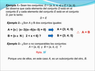 Ejemplo 1.- Sean los conjuntos: D = {a, b, a, a} y E = {a, b}.
Se observa que cada elemento del conjunto D está en el
conjunto E y cada elemento del conjunto E está en el conjunto
D, por lo tanto:
D = E
A = {x | (x−3)(x−4)(x−5) = 0}
B = {x ∈ N | 2 < x < 6} ?
A = {3; 4; 5}
B = {3; 4; 5}
∴ A = B
Ejemplo 2.- ¿Son A y B dos conjuntos iguales:
Ejemplo 3.- ¿Son o no comparables los conjuntos:
A = {a, b} y B = {a, b, c} ?
Porque uno de ellos, en este caso A, es un subconjunto del otro, B.
Rpta. SÍ
 