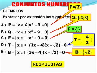 EJEMPLOS:
Expresar por extensión los siguientes conjuntos:
A ) { }2
P x x 9 0= ∈ − =¥
B )
C )
D ) }{T x (3x 4)(x 2) 0= ∈ − − =¤
E ) }{B x I (3x 4)(x 2) 0= ∈ − − =
{ }2
Q x x 9 0= ∈ − =¢
{ }2
F x x 9 0= ∈ + =¡
P={3}
Q={-3;3}
F = { }
{ }
4
T
3
=
{ }B 2=
RESPUESTAS
 
