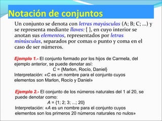 Notación de conjuntos
Un conjunto se denota con letras mayúsculas (A; B; C; ...) y
se representa mediante llaves: { }, en cuyo interior se
anotan sus elementos, representados por letras
minúsculas, separados por comas o punto y coma en el
caso de ser números.
Ejemplo 1.- El conjunto formado por los hijos de Carmela, del
ejemplo anterior, se puede denotar así:
C = {Marlon, Rocío, Daniel}
Interpretación: «C es un nombre para el conjunto cuyos
elementos son Marlon, Rocío y Daniel»
Ejemplo 2.- El conjunto de los números naturales del 1 al 20, se
puede denotar como:
A = {1; 2; 3; ...; 20}
Interpretación: «A es un nombre para el conjunto cuyos
elementos son los primeros 20 números naturales no nulos»
 