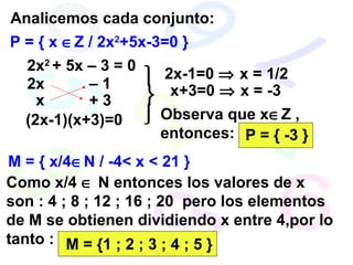 P = { x ∈Z / 2x2
+5x-3=0 }
Analicemos cada conjunto:
2x2
+ 5x – 3 = 0
2x – 1
+ 3x


(2x-1)(x+3)=0
2x-1=0 ⇒ x = 1/2
x+3=0 ⇒ x = -3
Observa que x∈Z ,
entonces: P = { -3 }
M = { x/4∈N / -4< x < 21 }
Como x/4 ∈ N entonces los valores de x
son : 4 ; 8 ; 12 ; 16 ; 20 pero los elementos
de M se obtienen dividiendo x entre 4,por lo
tanto : M = {1 ; 2 ; 3 ; 4 ; 5 }
 
