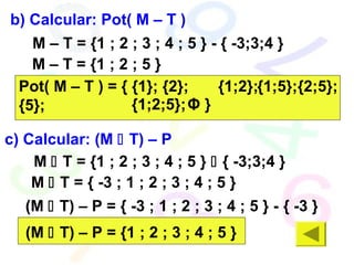 b) Calcular: Pot( M – T )
M – T = {1 ; 2 ; 3 ; 4 ; 5 } - { -3;3;4 }
M – T = {1 ; 2 ; 5 }
Pot( M – T ) = { {1}; {2};
{5};
{1;2};{1;5};
{1;2;5};
{2;5};
Φ }
c) Calcular: (M  T) – P
M  T = {1 ; 2 ; 3 ; 4 ; 5 }  { -3;3;4 }
M  T = { -3 ; 1 ; 2 ; 3 ; 4 ; 5 }
(M  T) – P = { -3 ; 1 ; 2 ; 3 ; 4 ; 5 } - { -3 }
(M  T) – P = {1 ; 2 ; 3 ; 4 ; 5 }
 
