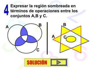 Expresar la región sombreada en
términos de operaciones entre los
conjuntos A,B y C.
A B
C
A
B
C
SOLUCIÓN
 