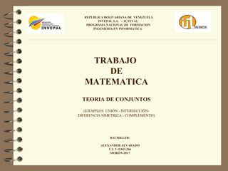 REPUBLICA BOLIVARIANA DE VENEZUELA
INVEPAL S.A. - IUTEVAL
PROGRAMA NACIONAL DE FORMACION
INGENIERIA EN INFORMATICA
TRABAJO
DE
MATEMATICA
TEORIA DE CONJUNTOS
(EJEMPLOS UNIÓN - INTERSECCIÓN-
DIFERENCIA SIMETRICA - COMPLEMENTO)
BACHILLER:
ALEXANDER ALVARADO
C.I. V-5.943.266
MORÓN-2017
 