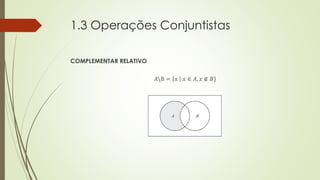 1.3 Operações Conjuntistas
COMPLEMENTAR RELATIVO
𝐴B = 𝑥 𝑥 ∈ 𝐴, 𝑥 ∉ 𝐵}
 