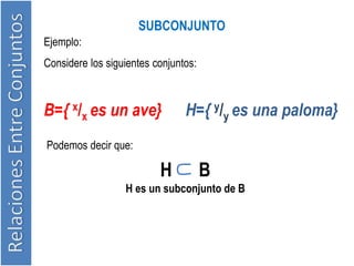 Ejemplo:
SUBCONJUNTO
Considere los siguientes conjuntos:
B={ x/x es un ave} H={ y/y es una paloma}
Podemos decir que:
H B
H es un subconjunto de B
 