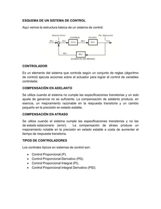 ESQUEMA DE UN SISTEMA DE CONTROL

Aquí vemos la estructura básica de un sistema de control




CONTROLADOR

Es un elemento del sistema que controla según un conjunto de reglas (algoritmo
de control) ejecuta acciones sobre el actuador para lograr el control de variables
controlada.

COMPENSACIÓN EN ADELANTO

Se utiliza cuando el sistema no cumple las especificaciones transitorias y un solo
ajuste de ganancia no es suficiente. La compensación de adelanto produce, en
esencia, un mejoramiento razonable en la respuesta transitoria y un cambio
pequeño en la precisión en estado estable.

COMPENSACIÓN EN ATRASO

Se utiliza cuando el sistema cumple las especificaciones transitorias y no las
de estado estacionario (error).   La compensación de atraso produce un
mejoramiento notable en la precisión en estado estable a costa de aumentar el
tiempo de respuesta transitoria.

TIPOS DE CONTROLADORES

Los controles típicos en sistemas de control son:

      Control Proporcional (P).
      Control Proporcional Derivativo (PD).
      Control Proporcional Integral (PI).
      Control Proporcional Integral Derivativo (PID).
 