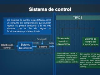 Sistema de control
• Un sistema de control está definido como
un conjunto de componentes que pueden
regular su propia conducta o la de otro
sistema con el fin de lograr un
funcionamiento predeterminado
Objetivo de
control
Sistema
De control
Sistema
Entrada
Perturbación
Salida
TIPOS
Sistema de
control en
Lazo Abierto
Sistema de
control en
Lazo Cerrado
Son aquellos en los que la
variable de salida(Variable
controlada) no tiene efecto
sobre la acción de
control(Variable de control)
Son aquellos en los que
la señal de salida del
sistema (Variable
controlada) tiene efecto
directo sobre la acción
de control (Variable de
control)
 