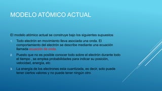 MODELO ATÓMICO ACTUAL
El modelo atómico actual se construye bajo los siguientes supuestos:
1. Todo electrón en movimiento ...