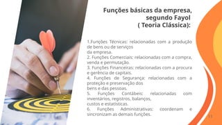 Funções básicas da empresa,
segundo Fayol
( Teoria Clássica):
1.Funções Técnicas: relacionadas com a produção
de bens ou de serviços
da empresa.
2. Funções Comerciais: relacionadas com a compra,
venda e permutação.
3. Funções Financeiras: relacionadas com a procura
e gerência de capitais.
4. Funções de Segurança: relacionadas com a
proteção e preservação dos
bens e das pessoas.
5. Funções Contábeis: relacionadas com
inventários, registros, balanços,
custos e estatísticas.
6. Funções Administrativas: coordenam e
sincronizam as demais funções. 11
 
