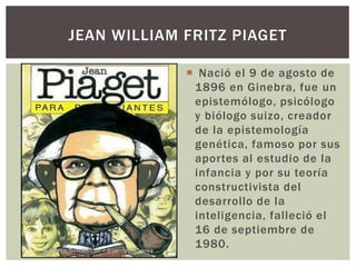 JEAN WILLIAM FRITZ PIAGET 
 Nació el 9 de agosto de 
1896 en Ginebra, fue un 
epistemólogo, psicólogo 
y biólogo suizo, creador 
de la epistemología 
genética, famoso por sus 
aportes al estudio de la 
infancia y por su teoría 
constructivista del 
desarrollo de la 
inteligencia, falleció el 
16 de septiembre de 
1980. 
 