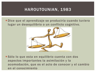 HAROUTOUNIAN, 1983 
 Dice que el aprendizaje se produciría cuando tuviera 
lugar un desequilibrio o un conflicto cognitivo. 
 Sólo lo que esta en equilibrio cuenta con dos 
aspectos impor tantes la asimilación y la 
acomodación, que es el acto de conocer y el cambio 
en el conocimiento 
 