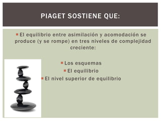 PIAGET SOSTIENE QUE: 
 El equilibrio entre asimilación y acomodación se 
produce (y se rompe) en tres niveles de complejidad 
creciente: 
 Los esquemas 
 El equilibrio 
 El nivel superior de equilibrio 
 