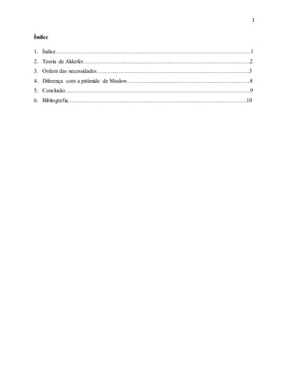 1
Índice
1. Índice…………………………..………….…………………………..……………………….1
2. Teoria de Alderfer…………………..………..………………………………….…………….2
3. Ordem das necessidades……….…….………………………………………………….…….3
4. Diferença com a pirâmide de Maslow…………………..…………………………………….8
5. Conclusão…………………………………………………………………….………………..9
6. Bibliografia…………………………………………………………………………………..10
 