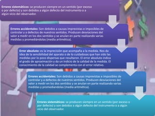 Errores sistemáticos: se producen siempre en un sentido (por exceso
o por defecto) y son debidos a algún defecto del instrumento o a
algún vicio del observador.
Errores accidentales: Son debidos a causas imprevistas e imposibles de
controlar y a defectos de nuestros sentidos. Producen desviaciones del
valor a medir en los dos sentidos y se anulan en parte realizando varias
medidas y promediándolas (media aritmética).
Error absoluto: es la imprecisión que acompaña a la medida. Nos da
idea de la sensibilidad del aparato o de lo cuidadosas que han sido las
medidas por lo poco dispersas que resultaron. El error absoluto indica
el grado de aproximación y da un indicio de la calidad de la medida. El
conocimiento de la calidad se complementa con el error relativo.
Errores accidentales: Son debidos a causas imprevistas e imposibles de
controlar y a defectos de nuestros sentidos. Producen desviaciones del
valor a medir en los dos sentidos y se anulan en parte realizando varias
medidas y promediandolas (media aritmética).
Errores sistemáticos: se producen siempre en un sentido (por exceso o
por defecto) y son debidos a algún defecto del instrumento o a algún
vicio del observador.
 