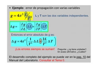 • Ejemplo: error de propagación con varias variables
2
2
4
T
Lg ππππ==== LL yy TT son las dos variables independientes.son las dos variables independientes.
T
T
g
L
L
g
g ∆∆∆∆
∂∂∂∂
∂∂∂∂
++++∆∆∆∆
∂∂∂∂
∂∂∂∂
====∆∆∆∆
Entonces el error absoluto de g es:Entonces el error absoluto de g es:
El desarrollo completo del ejemplo se puede ver en la pag. 10 del
Manual del Laboratorio. Consultar el Tema 0.






∆∆∆∆++++∆∆∆∆====∆∆∆∆ T
T
L
L
T
g 32
2 21
4ππππ
¡Los errores siempre se suman!
Entonces el error absoluto de g es:Entonces el error absoluto de g es:
Pregunta: ¿∆g tiene unidades?.
En acaso afirmativo, ¿Cuáles?
 