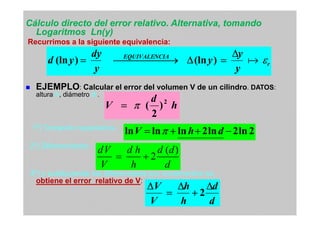Cálculo directo del error relativo. Alternativa, tomandoCálculo directo del error relativo. Alternativa, tomando
LogaritmosLogaritmos LnLn(y)(y)
Recurrimos a la siguiente equivalencia:
EJEMPLO: Calcular el error del volumen V de un cilindro. DATOS:
altura h, diámetro d .
h
d
V 2
)
2
(ππππ====
r
NCIAEQUIVALE
y
y
y
y
dy
yd εεεε֏
∆∆∆∆
====∆∆∆∆ →→→→==== )(ln)(ln
1º) Tomando neperianos :1º) Tomando neperianos :
2º) Diferenciando :2º) Diferenciando :
3º) y sustituyendo los diferenciales por incrementos3º) y sustituyendo los diferenciales por incrementos sese
obtiene el error relativo de Vobtiene el error relativo de V::
2
2ln2ln2lnlnln −−−−++++++++==== dhV ππππ
d
d
h
h
V
V ∆∆∆∆
++++
∆∆∆∆
====
∆∆∆∆
2
( )
2
dV d h d d
V h d
= +
 