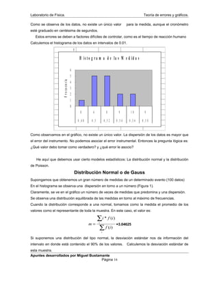 Laboratorio de Física. Teoría de errores y gráficos.
Como se observa de los datos, no existe un único valor para la medida, aunque el cronómetro
esté graduado en centésima de segundos.
Estos errores se deben a factores difíciles de controlar, como es el tiempo de reacción humano
Calculemos el histograma de los datos en intervalos de 0.01.
0
0
0
0
0
0
0
H is t o g r a m a d e la s M e d id a s
0
1
2
3
4
5
6
0 4 8 9 1 0 9
0 , 4 8 0 , 5 0 , 5 2 0 , 5 4 0 , 5 6 0 , 5 8
Frecuencia
Como observamos en el gráfico, no existe un único valor. La dispersión de los datos es mayor que
el error del instrumento. No podemos asociar el error instrumental. Entonces la pregunta lógica es:
¿Qué valor debo tomar como verdadero? y ¿qué error le asocio?
He aquí que debemos usar cierto modelos estadísticos: La distribución normal y la distribución
de Poisson.
Distribución Normal o de Gauss
Supongamos que obtenemos un gran número de medidas de un determinado evento (100 datos)
En el histograma se observa una dispersión en torno a un número (Figura 1).
Claramente, se ve en el gráfico un número de veces de medidas que predomina y una dispersión.
Se observa una distribución equilibrada de las medidas en torno al máximo de frecuencias.
Cuando la distribución corresponde a una normal, tomamos como la medida el promedio de los
valores como el representante de toda la muestra. En este caso, el valor es:
m
i f i
f i
i
i
=
∑
∑
* ( )
( )
=3.04625
Si suponemos una distribución del tipo normal, la desviación estándar nos da información del
intervalo en donde está contenido el 90% de los valores. Calculemos la desviación estándar de
esta muestra.
Apuntes desarrollados por Miguel Bustamante
Página 16
 