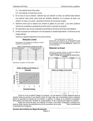 Laboratorio de Física. Teoría de errores y gráficos.
2.1. Una relación lineal (Una recta)
2.2. Una relación no lineal (Una curva)
3. En el caso en que la relación obtenida sea una relación no lineal, se rectifica hasta obtener
una relación lineal (línea recta) entre las variables. Rectificar es el proceso de llevar una
relación no lineal a una lineal , operando el dominio y/o el conjunto imagen.
4. Sabemos ahora que la relación que muestra la gráfica es una recta y por tanto podemos
calcular las constantes o parámetros de dicha recta y encontrar la ecuación.
5. Se interpreta el valor de las constantes encontradas en términos de la física del problema.
6. Invertir el proceso de rectificación a fin de expresar la variable dependiente en términos de las
independientes.
Veamos un ejemplo explicado en los puntos previos
Relación Lineal:
Supongamos que obtenemos el siguiente conjunto
de datos de un experimento
Tabla 1.1 Flujo de agua a través de un tubo
Gradiente de Presión
(N m-3
)
Velocidad promedio
(mm seg –1
)
7.8 35
15.6 65
23.4 78
31.3 126
39.0 142
46.9 171
54.7 194
Elaboremos un gráfico con estos datos:
Cómo observamos, el conjunto de
puntos tiene una tendencia de comportamiento lineal
(una línea recta). Entonces se deben calcular los valores
de los parámetros de la recta Y(x)=mx+n, donde m y n
son los parámetros.
Relación no lineal
Tenemos el siguiente conjunto de datos de Voltaje de
una ampolleta en función de la corriente
Tabla 1.2 Voltaje de una ampolleta en función de la
corriente
Voltaje Ampere
0 0
0.25 5
1.00 10
2.25 15
4.00 20
6.25 25
8.56 30
Cómo se ve en el gráfico Voltaje v/s corriente, es una relación no lineal. Debemos llevar la
relación entre los puntos a una relación lineal. En este caso, por conocimiento previo, podemos
elevar al cuadrado los valores de la corriente I, y graficar el voltaje v/s la corriente al cuadrado.
Esto genera una línea recta. También se puede graficar la raíz cuadrada del voltaje v/s corriente.
Estas son forma de llevar una relación no lineal a una lineal. Enseguida el problema se
basa en poder calcular los parámetros m y n de la ecuación de la recta. Este procedimiento
lo estudiaremos enseguida.
Apuntes desarrollados por Miguel Bustamante
Página 23
Gráfico de Diferencia de Presión v/s
Velocidad
0
50
100
150
200
250
0 2 4 6 8
Velocidad (mm/seg)
Presiín(N/m3)
0
1
2
3
4
5
6
7
8
9
0 5 10 15 20 25 30
voltaje(Volt)
Corriente (A)
Gráfico de Voltaje v/s Corriente
I**2*.010
 