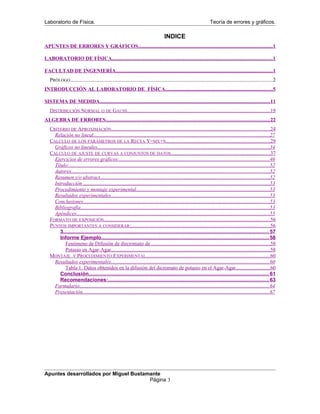 Laboratorio de Física. Teoría de errores y gráficos.
INDICE
APUNTES DE ERRORES Y GRÁFICOS.......................................................................................................1
LABORATORIO DE FÍSICA...........................................................................................................................1
FACULTAD DE INGENIERÍA........................................................................................................................1
PRÓLOGO...........................................................................................................................................................2
INTRODUCCIÓN AL LABORATORIO DE FÍSICA..................................................................................5
SISTEMA DE MEDIDA..................................................................................................................................11
DISTRIBUCIÓN NORMAL O DE GAUSS.............................................................................................................19
ALGEBRA DE ERRORES..............................................................................................................................22
CRITERIO DE APROXIMACIÓN.........................................................................................................................24
Relación no lineal.......................................................................................................................................27
CALCULO DE LOS PARÁMETROS DE LA RECTA Y=MX+N...............................................................................29
Gráficos no lineales...................................................................................................................................34
CALCULO DE AJUSTE DE CURVAS A CONJUNTOS DE DATOS............................................................................37
Ejercicios de errores gráficos:...................................................................................................................46
Título:.........................................................................................................................................................52
Autores.......................................................................................................................................................52
Resumen y/o abstract.................................................................................................................................52
Introducción ..............................................................................................................................................53
Procedimiento y montaje experimental......................................................................................................53
Resultados experimentales.........................................................................................................................53
Conclusiones..............................................................................................................................................53
Bibliografía................................................................................................................................................53
Apéndices...................................................................................................................................................55
FORMATO DE EXPOSICIÓN...............................................................................................................................56
PUNTOS IMPORTANTES A CONSIDERAR:..........................................................................................................56
3............................................................................................................................................. 57
Informe Ejemplo...................................................................................................................58
Fenómeno de Difusión de dircromato de ...........................................................................................58
Potasio en Agar-Agar.........................................................................................................................58
MONTAJE Y PROCEDIMIENTO EXPERIMENTAL...............................................................................................60
Resultados experimentales.........................................................................................................................60
Tabla 1: Datos obtenidos en la difusión del dicromato de potasio en el Agar-Agar..........................60
Conclusión...........................................................................................................................61
Recomendaciones:..............................................................................................................63
Formulario.................................................................................................................................................64
Presentación...............................................................................................................................................67
Apuntes desarrollados por Miguel Bustamante
Página 3
 