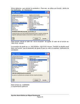 Ahora debemos que calcular la constante n. Para eso se utiliza una función dentro de
las clasificadas es Intersecciòn.
Esta función calcula el valor de n de la ecuación de ajuste. El valor de la función es:
1650,78182 microm.
La ecuación de ajuste es: y= -349,236364x+ 1650,78182 microm. También la planilla excel
tiene una función que el parámetro de ajuste R pero su valor al cuadrado :coeficiente de
correlación
Este número es: -0,99990656
La representación gráfica es:
Apuntes desarrollados por Miguel Bustamante
Página 34
 