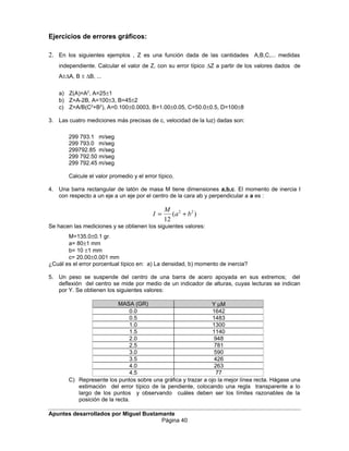 Ejercicios de errores gráficos:
2. En los siguientes ejemplos , Z es una función dada de las cantidades A,B,C,... medidas
independiente. Calcular el valor de Z, con su error típico ∆Z a partir de los valores dados de
A±∆A, B ± ∆B, ...
a) Z(A)=A2
, A=25±1
b) Z=A-2B, A=100±3, B=45±2
c) Z=A/B(C2
+B2
), A=0.100±0.0003, B=1.00±0.05, C=50.0±0.5, D=100±8
3. Las cuatro mediciones más precisas de c, velocidad de la luz) dadas son:
299 793.1 m/seg
299 793.0 m/seg
299792.85 m/seg
299 792.50 m/seg
299 792.45 m/seg
Calcule el valor promedio y el error típico.
4. Una barra rectangular de latón de masa M tiene dimensiones a,b,c. El momento de inercia I
con respecto a un eje a un eje por el centro de la cara ab y perpendicular a a es :
)(
12
22
ba
M
I +=
Se hacen las mediciones y se obtienen los siguientes valores:
M=135.0±0.1 gr.
a= 80±1 mm
b= 10 ±1 mm
c= 20.00±0.001 mm
¿Cuál es el error porcentual típico en: a) La densidad, b) momento de inercia?
5. Un peso se suspende del centro de una barra de acero apoyada en sus extremos; del
deflexión del centro se mide por medio de un indicador de alturas, cuyas lecturas se indican
por Y. Se obtienen los siguientes valores:
MASA (GR) Y µM
0.0 1642
0.5 1483
1.0 1300
1.5 1140
2.0 948
2.5 781
3.0 590
3.5 426
4.0 263
4.5 77
C) Represente los puntos sobre una gráfica y trazar a ojo la mejor línea recta. Hágase una
estimación del error típico de la pendiente, colocando una regla transparente a lo
largo de los puntos y observando cuáles deben ser los límites razonables de la
posición de la recta.
Apuntes desarrollados por Miguel Bustamante
Página 40
 