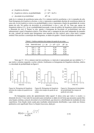 a) freqüência absoluta:                                                  fa = ∆n,
                       b) freqüência relativa, ou probabilidade:                                fr = ∆P = ∆n/N e
                       c) densidade de probabilidad:                                            ΔP / Δx
onde ∆n é o número de ocorrências numa cela, N é o número total de ocorrências e Δx é o tamanho da cela.
Num histograma de freqüência absoluta, o eixo y representa a quantidade absoluta de ocorrências dentro de
uma cela, no de freqüência relativa (ou probabilidade) o eixo y representa a fração da quantidade de eventos
dentro da cela. No gráfico de densidade de probabilidade o eixo y vale ΔP /Δx. Note que, apesar da
frequência relativa ( fr ) já ser a probabilidade procurada, a área do gráfico de frequência relativa ainda tem
a dimensão do eixo X. Dentre os três, apenas o histograma da densidade de probabilidade tem área
adimensional e igual à frequência relativa. Este último tem a vantagem da área total independer do tamanho
da cela, valendo até mesmo para histogramas com tamanho de cela variável, pois a área total é sempre
unitária! Para auxiliar a construção dos histogramas, os dados do quadro 1 foram recalculados na tabela 1.


                                              Tabela 1: Análise estatística dos tempos de queda de um corpo.
                                              Cela    Intervalo (ms)                         fa = Δn       fr = ΔP = fa/N     ΔP / Δx
                                               1       0,0   |—                       2,0       1                0,10              0,05
                                               2       2,0   |—                       4,0       3                0,30              0,15
                                               3       4,0   |—                       6,0       4                0,40              0,20
                                               4       6,0   |—                       8,0       2                0,20              0,10


        Note que N = 10 é o número total de ocorrências e o intervalo é representado por um símbolo “|—“
que inclui o extremo esquerdo e exclui o direito. Graficamos os histogramas de frequência absoluta, relativa
e a densidade de probabilidade na figura 4.

                       5                                                              0.5                                               0.25
                                                                                                                              -1
                                                                                                                               [ms]
 Frequência absoluta




                       4                                                              0.4                                               0.20
                                                                Frequência relativa




                       3                                                              0.3                                               0.15
                                                                                                                              ΔP / Δt




                       2                                                              0.2                                               0.10

                       1                                                              0.1                                               0.05

                       0                                                              0.0                                               0.00
                           0 1 2 3 4 5 6 7 8 9 10                                           0 1 2 3 4 5 6 7 8 9 10                              0 1 2 3 4 5 6 7 8 9 10
                                 tempo (ms)                                                         tempo (ms)                                         tempo (ms)


Figura 4a. Histograma de frequência                           Figura 4b. Histograma de frequência                           Figura 4c. Histograma de densidades
absoluta dos tempos de queda de um                            relativa dos tempos de queda de um                            de probabilidade dos tempos de
corpo.                                                        corpo.                                                        queda de um corpo.

        Os histogramas acima são aparentemente todos iguais! A única coisa que varia é a escala e a
dimensão do eixo Y. Isso tudo foi necessário para normalizar os dados de tal forma que possamos ajustar-lhes
uma função contínua, a função densidade de probabilidade, que descreve a distribuição de resultados de uma
experiência. Uma função muito usada para resultados aleatoriamente distribuídos e que ainda nos fornece
parâmetros com significado físico é a função Gaussiana, dada por:


                                                                                       2
                                                           1 ⎛ x−μ ⎞
                                                1         − ⎜      ⎟
                                G ( x) =              e    2⎝ σ ⎠
                                                                                                                                               (1.4)
                                              σ 2π



                                                                                                                                                                     11
 
