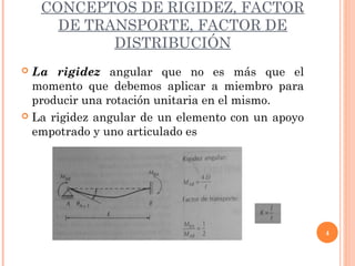  La rigidez angular que no es más que el
momento que debemos aplicar a miembro para
producir una rotación unitaria en el mismo.
 La rigidez angular de un elemento con un apoyo
empotrado y uno articulado es
4
CONCEPTOS DE RIGIDEZ, FACTOR
DE TRANSPORTE, FACTOR DE
DISTRIBUCIÓN
 