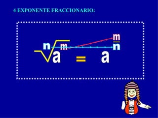 4 EXPONENTE FRACCIONARIO: a m n = a n m m n COLEGIO MUNDO MEJOR CHIMBOTE DIOS PATRIA 
