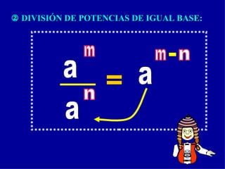    DIVISIÓN DE POTENCIAS DE IGUAL BASE: a m a n = a m n - COLEGIO MUNDO MEJOR CHIMBOTE DIOS PATRIA 