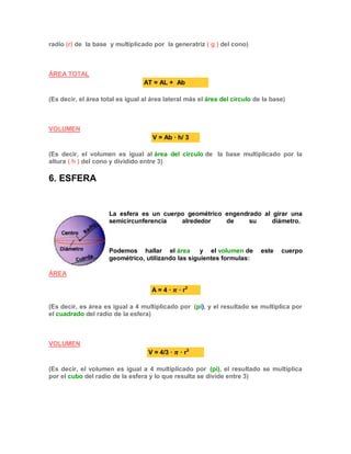 radio (r) de la base y multiplicado por la generatriz ( g ) del cono)
ÁREA TOTAL
AT = AL + Ab
(Es decir, el área total es igual al área lateral más el área del circulo de la base)
VOLUMEN
V = Ab · h/ 3
(Es decir, el volumen es igual al área del circulo de la base multiplicado por la
altura ( h ) del cono y dividido entre 3)
6. ESFERA
La esfera es un cuerpo geométrico engendrado al girar una
semicircunferencia alrededor de su diámetro.
Podemos hallar el área y el volumen de este cuerpo
geométrico, utilizando las siguientes formulas:
ÁREA
A = 4 · · r2
(Es decir, es área es igual a 4 multiplicado por (pi), y el resultado se multiplica por
el cuadrado del radio de la esfera)
VOLUMEN
V = 4/3 · · r3
(Es decir, el volumen es igual a 4 multiplicado por (pi), el resultado se multiplica
por el cubo del radio de la esfera y lo que resulta se divide entre 3)
 