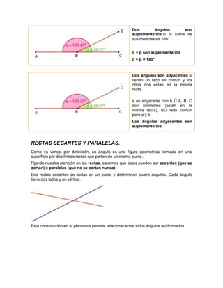 Dos ángulos son
suplementarios si la suma de
sus medidas es 180°
α + β son suplementarios
α + β = 180°
Dos ángulos son adyacentes si
tienen un lado en común y los
otros dos están en la misma
recta.
a es adyacente con b Û A, B, C
son colineales (están en la
misma recta), BD lado común
para a y b
Los ángulos adyacentes son
suplementarios.
RECTAS SECANTES Y PARALELAS.
Como ya vimos, por definición, un ángulo es una figura geométrica formada en una
superficie por dos líneas rectas que parten de un mismo punto.
Fijando nuestra atención en las rectas, sabemos que estas pueden ser secantes (que se
cortan) o paralelas (que no se cortan nunca).
Dos rectas secantes se cortan en un punto y determinan cuatro ángulos. Cada ángulo
tiene dos lados y un vértice.
Esta construcción en el plano nos permite relacionar entre sí los ángulos así formados.
 