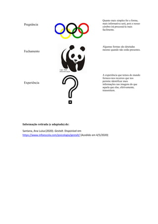 Pregnância
Quanto mais simples for a forma,
mais informativa será, pois o nosso
cérebro irá processá-la mais
facilmente.
Fechamento
Algumas formas são detetadas
mesmo quando não estão presentes.
Experiência
A experiência que temos do mundo
fornece-nos recursos que nos
permite identificar mais
informações nas imagens do que
aquela que elas, efetivamente,
transmitem.
Informação retirada (e adaptada) de:
Santana, Ana Luísa (2020). Gestalt. Disponível em
https://www.infoescola.com/psicologia/gestalt/ (Acedido em 4/5/2020)
 