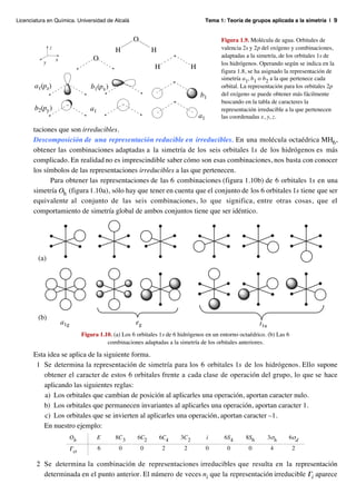 Licenciatura en Química. Universidad de Alcalá                                          Tema 1: Teoría de grupos aplicada a la simetría | 9


                                                    O                                         Figura 1.9. Molécula de agua. Orbitales de
               z                                                                              valencia 2s y 2p del oxígeno y combinaciones,
                                             H              H
                                                                                              adaptadas a la simetría, de los orbitales 1s de
                   x                O
           y                                                                                  los hidrógenos. Operando según se indica en la
                                                             H                 H
                                                                                              figura 1.8, se ha asignado la representación de
                                                                                              simetría a1, b1 o b2 a la que pertenece cada
       a1(pz)                      b1(px )                                                    orbital. La representación para los orbitales 2p
                                                                                   b1         del oxígeno se puede obtener más fácilmente
                                                                                              buscando en la tabla de caracteres la
       b2(py )                    a1                                                          representación irreducible a la que pertenecen
                                                                                   a1         las coordenadas x, y, z.

       taciones que son irreducibles.
       Descomposición de una representación reducible en irreducibles. En una molécula octaédrica MH6,
       obtener las combinaciones adaptadas a la simetría de los seis orbitales 1s de los hidrógenos es más
       complicado. En realidad no es imprescindible saber cómo son esas combinaciones, nos basta con conocer
       los símbolos de las representaciones irreducibles a las que pertenecen.
             Para obtener las representaciones de las 6 combinaciones (figura 1.10b) de 6 orbitales 1s en una
       simetría Oh (figura 1.10a), sólo hay que tener en cuenta que el conjunto de los 6 orbitales 1s tiene que ser
       equivalente al conjunto de las seis combinaciones, lo que significa, entre otras cosas, que el
       comportamiento de simetría global de ambos conjuntos tiene que ser idéntico.




         (a)




         (b)
                       a1g                           eg                                                       t1u
                               Figura 1.10. (a) Los 6 orbitales 1s de 6 hidrógenos en un entorno octaédrico. (b) Las 6
                                         combinaciones adaptadas a la simetría de los orbitales anteriores.

       Esta idea se aplica de la siguiente forma.
        1 Se determina la representación de simetría para los 6 orbitales 1s de los hidrógenos. Ello supone
          obtener el caracter de estos 6 orbitales frente a cada clase de operación del grupo, lo que se hace
          aplicando las siguientes reglas:
           a) Los orbitales que cambian de posición al aplicarles una operación, aportan caracter nulo.
          b) Los orbitales que permanecen invariantes al aplicarles una operación, aportan caracter 1.
           c) Los orbitales que se invierten al aplicarles una operación, aportan caracter –1.
          En nuestro ejemplo:
                          Oh           E     8C 3     6C2       6C4     3C 2            i      6S4      8S6         3σh   6σd
                          Γσ           6      0         0        2        2             0       0        0          4       2

        2 Se determina la combinación de representaciones irreducibles que resulta en la representación
          determinada en el punto anterior. El número de veces ni que la representación irreducible Γi aparece
 