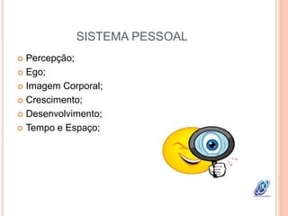 SISTEMA PESSOAL
 Percepção;
 Ego;
 Imagem Corporal;
 Crescimento;
 Desenvolvimento;
 Tempo e Espaço;
 