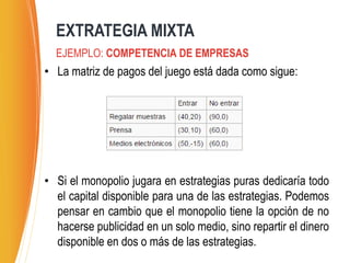 • La matriz de pagos del juego está dada como sigue:
• Si el monopolio jugara en estrategias puras dedicaría todo
el capital disponible para una de las estrategias. Podemos
pensar en cambio que el monopolio tiene la opción de no
hacerse publicidad en un solo medio, sino repartir el dinero
disponible en dos o más de las estrategias.
EXTRATEGIA MIXTA
EJEMPLO: COMPETENCIA DE EMPRESAS
 