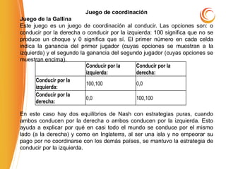 Conducir por la
izquierda:
Conducir por la
derecha:
Conducir por la
izquierda:
100,100 0,0
Conducir por la
derecha:
0,0 100,100
Juego de coordinación
Juego de la Gallina
Este juego es un juego de coordinación al conducir. Las opciones son: o
conducir por la derecha o conducir por la izquierda: 100 significa que no se
produce un choque y 0 significa que sí. El primer número en cada celda
indica la ganancia del primer jugador (cuyas opciones se muestran a la
izquierda) y el segundo la ganancia del segundo jugador (cuyas opciones se
muestran encima).
En este caso hay dos equilibrios de Nash con estrategias puras, cuando
ambos conducen por la derecha o ambos conducen por la izquierda. Esto
ayuda a explicar por qué en casi todo el mundo se conduce por el mismo
lado (a la derecha) y como en Inglaterra, al ser una isla y no empeorar su
pago por no coordinarse con los demás países, se mantuvo la estrategia de
conducir por la izquierda.
 