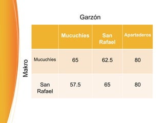 Mucuchíes San
Rafael
Apartaderos
Mucuchíes 65 62.5 80
San
Rafael
57.5 65 80
Makro
Garzón
 