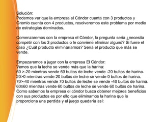 Solución:
Podemos ver que la empresa el Cóndor cuenta con 3 productos y
Gremio cuenta con 4 productos, resolveremos este problema por medio
de estrategias dominados.
Comenzaremos con la empresa el Cóndor, la pregunta seria ¿necesita
competir con los 3 productos o le conviene eliminar alguno? Si fuere el
caso ¿Cuál producto eliminaríamos? Sería el producto que más se
vende.
Empezaremos a jugar con la empresa El Cóndor:
Vemos que la leche se vende más que la harina:
60 >-20 mientras vende 60 bultos de leche vende -20 bultos de harina.
20>0 mientras vende 20 bultos de leche se vende 0 bultos de harina.
70>-40 mientras vende 70 bultos de leche se vende -40 bultos de harina.
60≥60 mientras vende 60 bultos de leche se vende 60 bultos de harina.
Como sabemos la empresa el cóndor busca obtener mejores beneficios
con sus productos es por ello que eliminamos la harina que le
proporciona una perdida y el juego quedaría así:
 