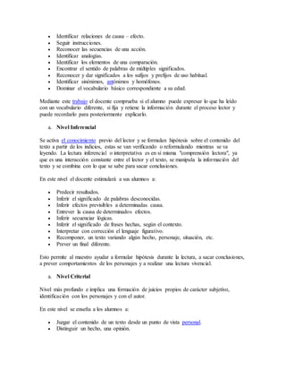  Identificar relaciones de causa – efecto. 
 Seguir instrucciones. 
 Reconocer las secuencias de una acción. 
 Identificar analogías. 
 Identificar los elementos de una comparación. 
 Encontrar el sentido de palabras de múltiples significados. 
 Reconocer y dar significados a los sufijos y prefijos de uso habitual. 
 Identificar sinónimos, antónimos y homófonos. 
 Dominar el vocabulario básico correspondiente a su edad. 
Mediante este trabajo el docente comprueba si el alumno puede expresar lo que ha leído 
con un vocabulario diferente, si fija y retiene la información durante el proceso lector y 
puede recordarlo para posteriormente explicarlo. 
a. Nivel Inferencial 
Se activa el conocimiento previo del lector y se formulan hipótesis sobre el contenido del 
texto a partir de los indicios, estas se van verificando o reformulando mientras se va 
leyendo. La lectura inferencial o interpretativa es en sí misma "comprensión lectora", ya 
que es una interacción constante entre el lector y el texto, se manipula la información del 
texto y se combina con lo que se sabe para sacar conclusiones. 
En este nivel el docente estimulará a sus alumnos a: 
 Predecir resultados. 
 Inferir el significado de palabras desconocidas. 
 Inferir efectos previsibles a determinadas causa. 
 Entrever la causa de determinados efectos. 
 Inferir secuenciar lógicas. 
 Inferir el significado de frases hechas, según el contexto. 
 Interpretar con corrección el lenguaje figurativo. 
 Recomponer, un texto variando algún hecho, personaje, situación, etc. 
 Prever un final diferente. 
Esto permite al maestro ayudar a formular hipótesis durante la lectura, a sacar conclusiones, 
a prever comportamientos de los personajes y a realizar una lectura vivencial. 
a. Nivel Criterial 
Nivel más profundo e implica una formación de juicios propios de carácter subjetivo, 
identificación con los personajes y con el autor. 
En este nivel se enseña a los alumnos a: 
 Juzgar el contenido de un texto desde un punto de vista personal. 
 Distinguir un hecho, una opinión. 
 